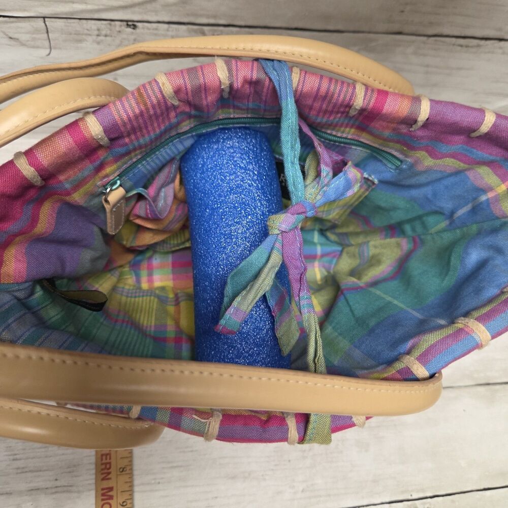 Lauren Ralph Lauren Woven Straw Basket Tote Bag PlaidMulticolor Canvas Beach Bag - Picture 9 of 12